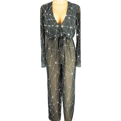 Black Mesh Perspective V-Neck Sexy Jumpsuit Long Sleeve Nightclub Dance Show Wear Women Birthday Costume Personality Performance