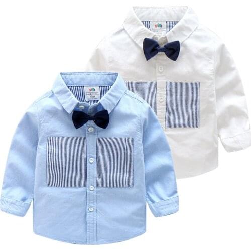 Kids Shirt 2018 Spring Autumn New Design Cotton Long Sleeve Stripe Solid Color Bow Turn-Down Collar For Boys Shirt