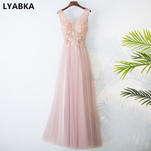 High Quality Evening Dress New Fashion Tulle With Appliques A-line V-Neck Lace-up Evening Dresses Long 2019 Vestido De Festa