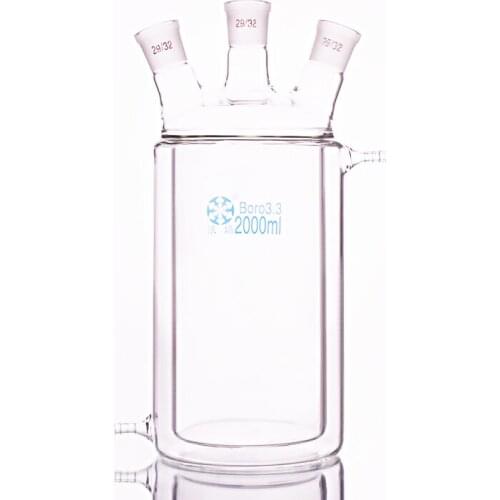 Double-deck cylindrical three-necked flat bottom flask,Capacity 2000ml,Joint 29/32,Mezzanine jacketed reactor bottle