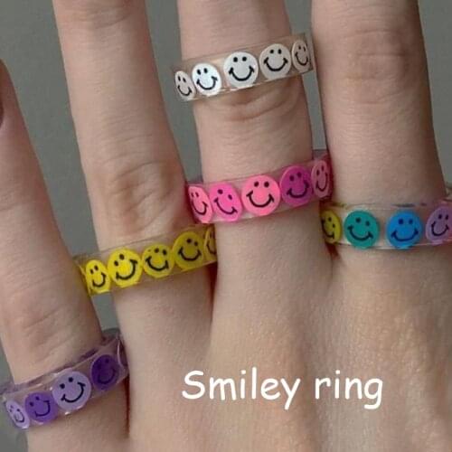 90s Aesthetic Rainbow Smiley Rings For Women Y2K Jewelry Retro Punk Charm Resin Ins Ring 90s Fashion Friends Gifts Wholesale New