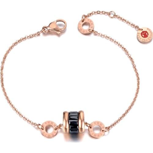 Titanium Stainless Steel Black CZ Crystal Roman Numerals Charm Bracelet For Women Bohemia Chain & Link Bracelet B19078