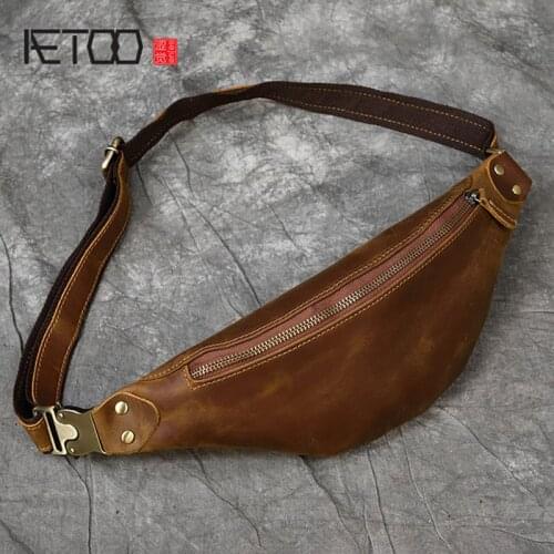 AETOO Retro Crazy Horse leather belt bag, mens simple leather messenger bag, multifunctional chest bag