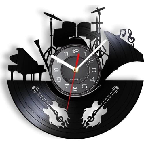 Musical Instruments Band Live Wall Clock Electric Guitar Piano Drums Vocal Concert Handicraft Art Vinyl Album Record Watches