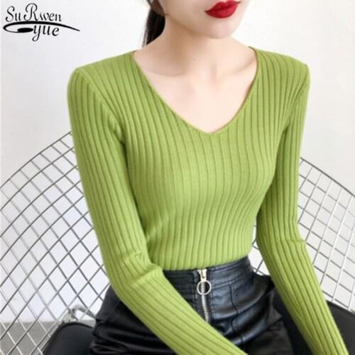 2021 Autumn and Winter New V-neck Long Sleeve Bottoming Sweater Korean Style All-match Slim Pullover Casual Sweater Women 10309