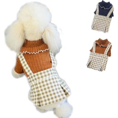 Small Dog Dress Plaid Straps Skirt O-neck Lace Collar Spring Autumn Warm Coat Dress For Small Dogs Chihuahua One-step Dress Pug