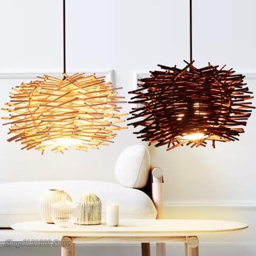 Handmade Rattan Wicker Wood Bird Nest Pendant Lamps Nordic Creative Restaurant Cafe Living Room Kitchen hanging lamp Lighting