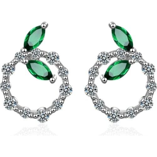 Leaf Earrings Korean Version of Green Diamond-encrusted Leaves Simple Round Ear Accessories Stainless Steel Earrings