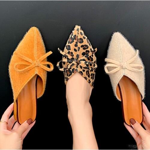 Women Slippers 2021 Pointed Toe Thick Heels Bow Leopard Sexy Females Slides Fluffy Comfort Outdoor Classic Party Ladies Shoes