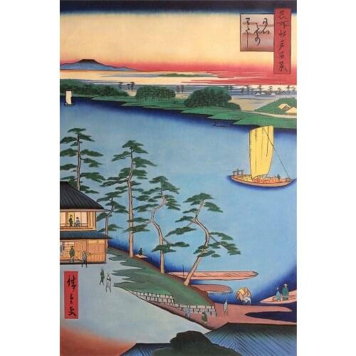 Japanese Hiroshige Oil Painting River Landscape Art for Home Decor Niijuku Ferry, No. 93 from One Hundred Famous Views of Edo