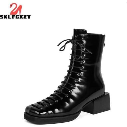 SKLFGXZY Fashion Woman Ankle Boots High Quality Genuine Leather Handmade Autumn Winter Boots Cross-Tied High Heels Boots Woman
