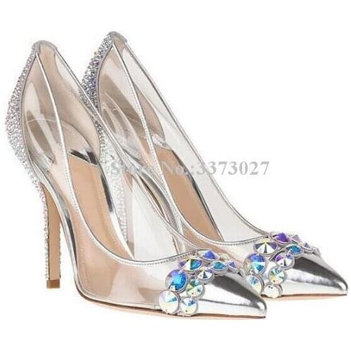 Ladies Pointed toe PVC Transparent Crystal Bridal Shoes Woman Silver Contrast Color High Heels Pumps Party Wedding Dress Shoes