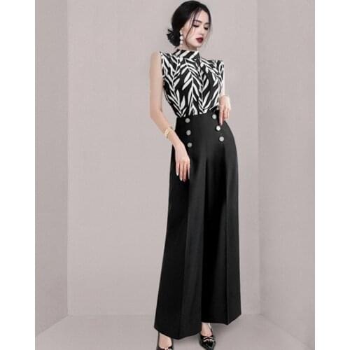 Women Summer Fashion Two Piece Sets Printed Stand Collar Top Shirt&High Waist Double Breasted Decoration Wide Leg Pants Suits