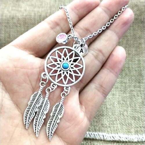 Bohemian Style Pendant Dreamcatcher Feather Necklace Birthstone Creative Initial Letter Monogram Jewelry Women Christmas Gifts