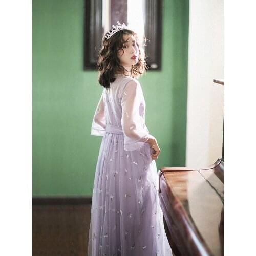 Spring Original Design Summer Women Vintage Elegant Slim Sweet Casual Loose Floral Embroidery Mesh Long Dresses