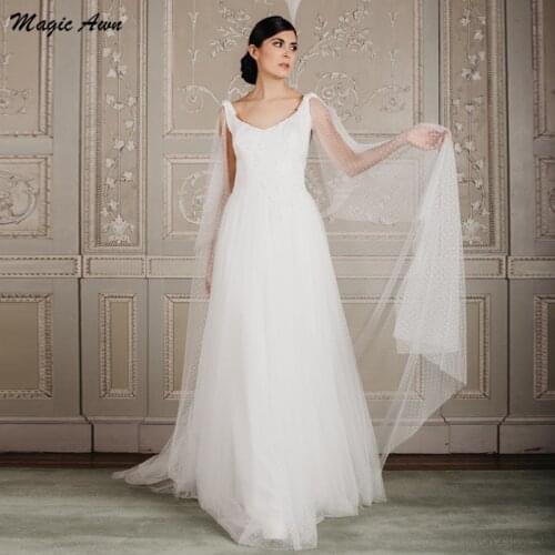 Magic Awn Charming Ivory Spot Tulle Wedding Dresses Boho V-Neck Backless Beach A-Line Wedding Party Dress Simple Vestidos Novia