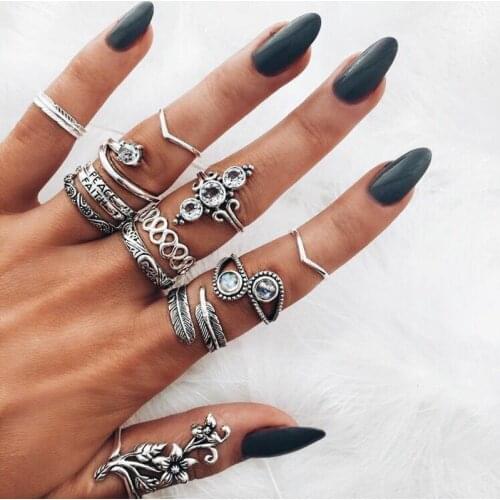 13 Pcs/Set Bohemian Fashion Feather Crystal Flower Ring Set for Women Carved Gem Letter Peace Faith Ring Jewelry Gifts
