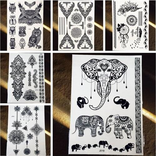 25 Styles Hot Sale Waterproof Black Henna Tattoos Elephant Owl Dreamcatcher Tatoo Body Art Decals Fake Temporary Tattoo Stickers
