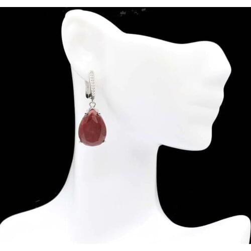 35x13mm SheCrown Jewelry Set 18x13mm Drop Real Red Ruby White CZ For Sister Daily Wear Silver Pendant Earrings