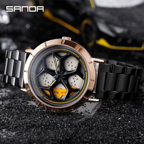 SANDA Men Car Rim Hub Watch Custom Design Car Wrist Watch Waterproof Sport Quartz Wheel Rim Rotating Dial Relogio Masculino