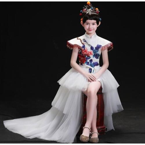 Kids Chinese Style Evening Dress Girl Cheongsam Modern Oriental Style Dresses Children Fashion Show Gown Host Dresses White Robe