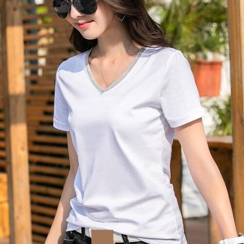 MRMT 2021 Brand New Cotton Womens T-Shirt Short Sleeve Metal Chain V Collar Leisure T-shirt for Female Solid Color Tops Tshirt
