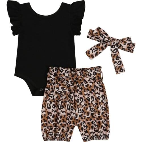 Newborn Infant Baby Girls Short Sleeve Romper Tops Leopard Shorts headband 3PCS Clothes Toddler Kids Baby Girl Summer Clothing