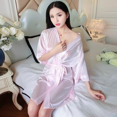 2020 Summer Short Sleeve Silk Satin Robes Sexy Lingerie Mini Dress for Women Bathrobe Sleepwear Nightdress Homewear Night Dress
