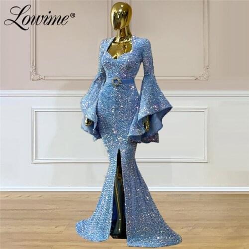 Lowime Light Blue Long Mermaid Evening Dress Plus Size Dubai Arabic Sequins Custom Made Formal Party Dresses Celebrity Prom Gown