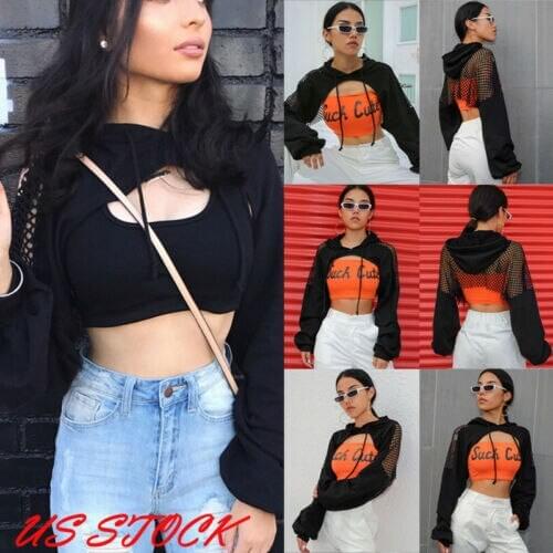 US Fashion Womens Long Sleeve Sexy Mesh Fish Net Hooded Sweatshirt Pullover Tops