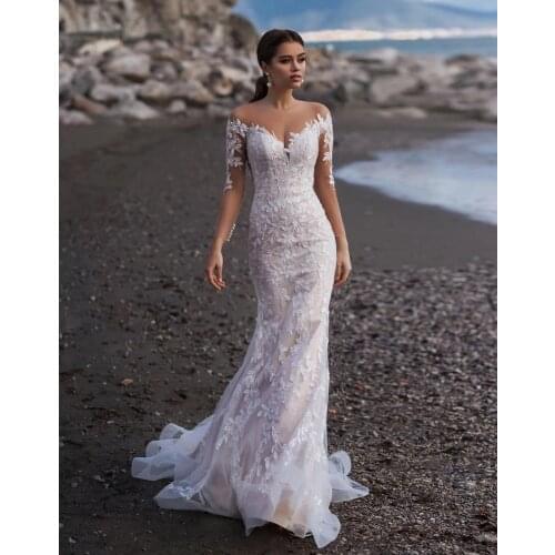 Muslim Wedding Dresses Mermaid Long Sleeves Appliques Lace Boho Dubai Arabic Wedding Gown Bridal Dress Vestido De Noiva