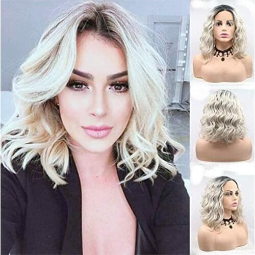 Fashion Short Bob Curly Lace Front Wigs Black Roots to Ombre Blonde Synthetic Hair Wigs Half Hand Tied Glueless Heat Resistant