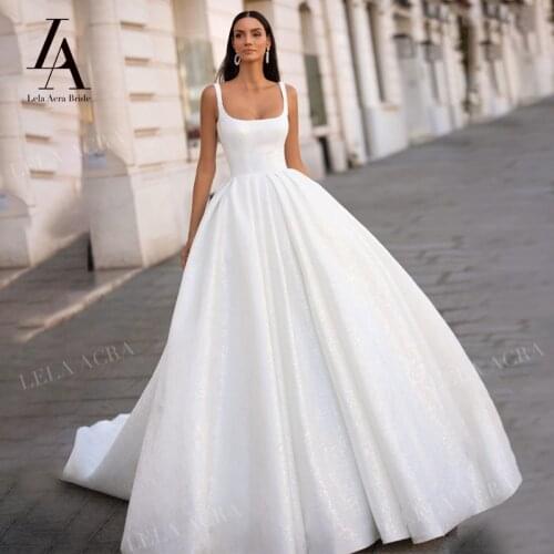 Shiny Satin Wedding Dress 2020 Square Collar Sleeveless A-Line Court Train Princess Vestido De Novia I302 LelaAcra Bridal Gown