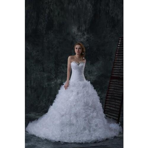 White Organza Sweetheart Strapless Floor-Length A-Line Wedding Dresses Chapel Train Bridal Gowns Custom Made