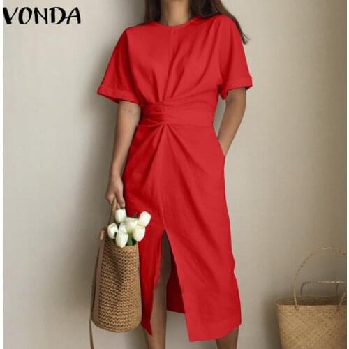 Party Dress Women Casual Short Sleeve Front Slit Bowknot Dresses VONDA Loose Cotton Beach Sundress Femme Party Robe Plus Size