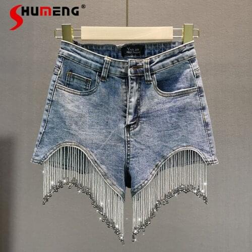 2021 Summer New Sexy High Waisted Rhinestone Tassel Denim Shorts European Casual Womens Thin Elastic Hot Short Pants Women