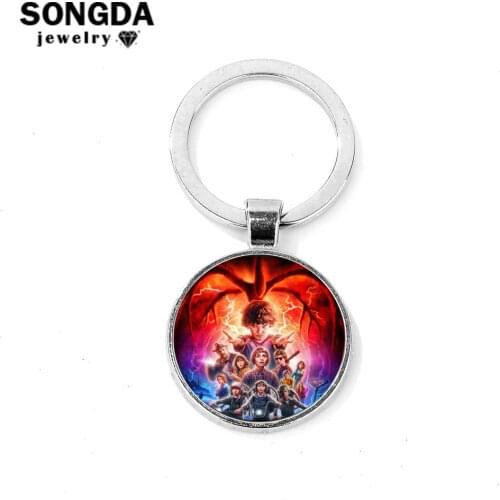 SONGDA Supernatural Science Fiction Drama Stranger Things Poster Keychain 3D Effect Glass Photo Cabochon Pendant Key Chain Ring