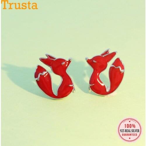 TrustDavis Real 925 Sterling Silver Fashion Sweet Animal Red Fox Stud Earrings For Women Wedding Valentines Day Jewelry DB545