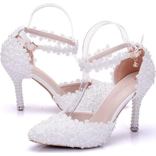 Women sandals wedding Party banquet Lace PU Rhinestones Buckle Strap Thin High Heels Pointed Toe sandal women shoes size 35-42