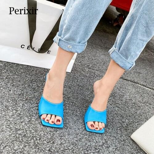 Perixir Womens Simple All-match Slippers Fashion Catwalks Square Toe Stiletto Womens Shoes Color 2021 Summer New Style 35-39