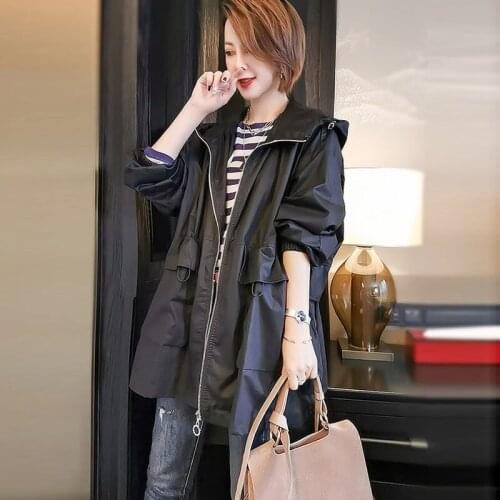 New Womens Long Cotton Trench coat Spring Autumn Korean Loose Casual Tooling Overcoat Plus size Hooded Windbreaker Abrigo Mujer