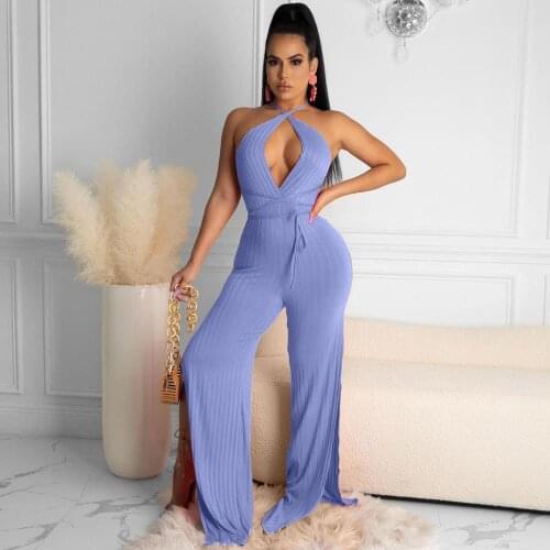 Womens Side Split Wide Leg Long Jumpsuit Rib Knit Crisscross V Neck Halter Lace Up Bodysuit Sleeveless Open Back Flared Rompers