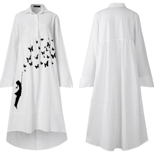 Autumn Dress C Women Vintage Butterfly Print Shirt Midi Dress 2021 Long Sleeve Lapel Asymmetrical Casual Loose Vestidos