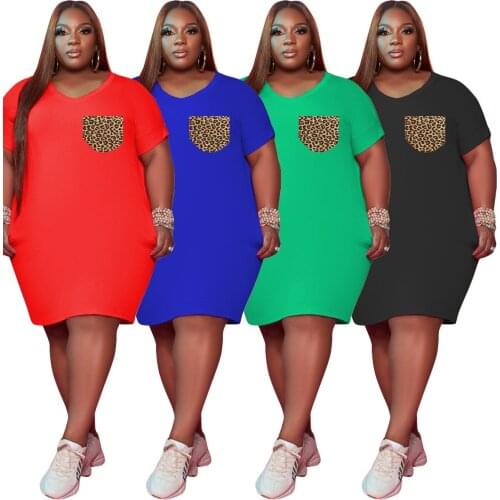Plus Size Womens Clothing Fashion Casual Style Leopard Print Pocket V Neck Short Sleeve Natural Waist Loose Straight Dress