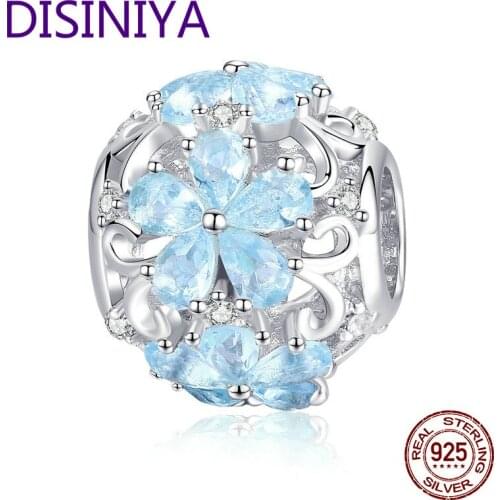 Winter Collection 925 Sterling Silver Elegant Snowflake Beads Light Blue CZ Charms fit Charm Bracelets DIY Jewelry ZSCC46941