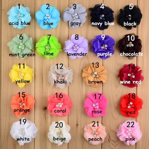 10pcs/lot)2" 22 Colors DIY Mini Chiffon Flowers Whit Pearl Rhinestone For Girls Accessories New Hot Baby Hair Flowers