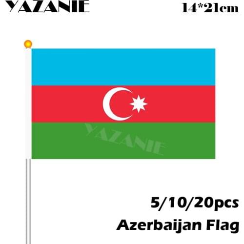 YAZANIE 14*21cm 5/10/20pcs Azerbaijan Hand Waving Flag Polyester Materials with Pole Decorative Sports Quality Polyester Flag