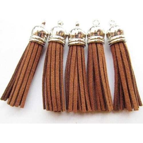 Free Shipping 100Pcs 59mm Brown Suede Leather Jewelry Tassel For Key Chains/ Cellphone Charms Top Plated End Caps Cord Tip