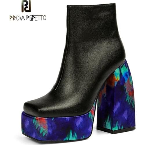 Square Toe Leather Gradient Cloth Printed Heel Platform Ankle Boots Autumn and Winter New Fashion Super High Heel Martin Boots