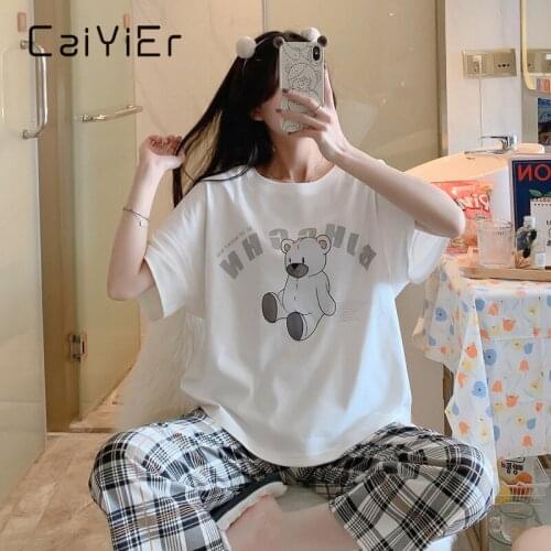 CAIYIER Summer Pajamas Suit Women Short Sleeves Cute Bear Print Sleepwear Casual Checked Trousers Korea Sweet Pyjamas Homewear